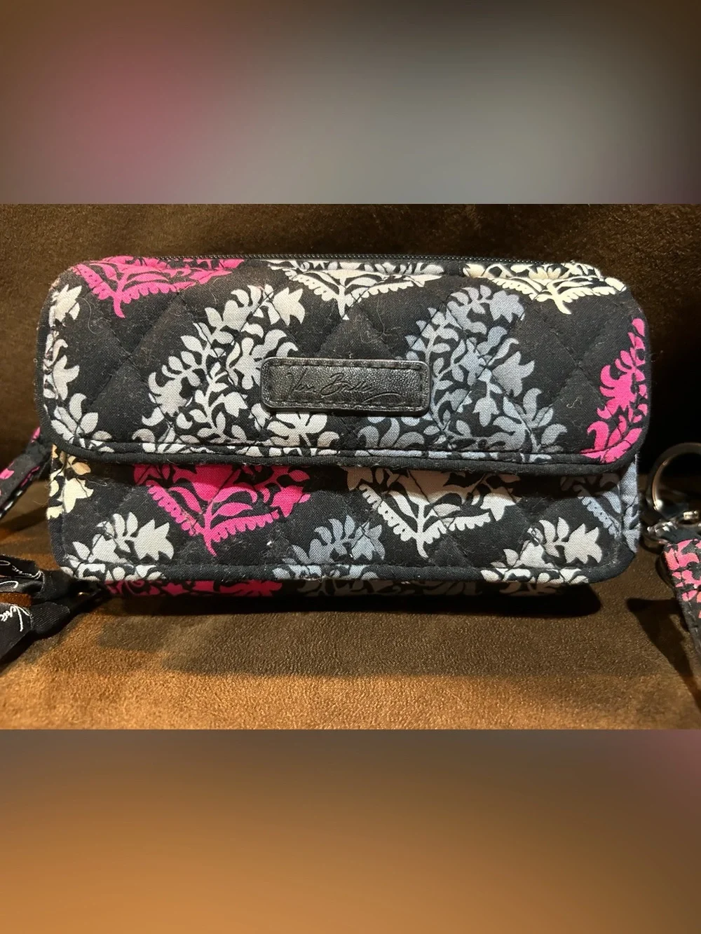 Floral Quilted Wristlet and matching Wallet in Black with Pink & Blue - NEW - Picture 11 of 12